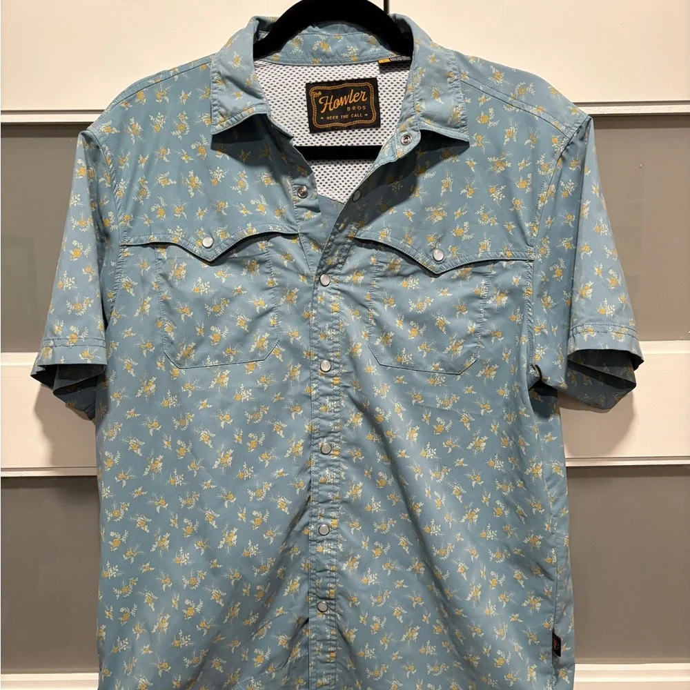 Howler Brothers Light Blue Short-Sleeve Printed Western Shirt with Yellow Accent - Picture 1 of 3